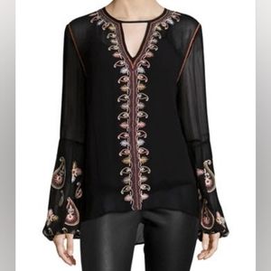 Love Sam Paisley-Embroidered Long-Sleeve Top, Black (M)